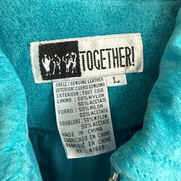 Vintage Suede Trucker Jacket Womens L Turquoise Teal 90s Leather Bomber Western - Picture 2 of 7